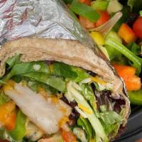 Bahamian Wrap (Shrimp) · Grilled shrimp sauteed in seasoning with mixed salad and shredded cheese and bell peppers .