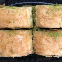 Baklava With Pistachios · Layers of phyllo filled with pistachios, sweetened with simple syrup.