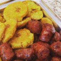 Dominican Longaniza · SERVED WITH FRIED LONGANIZA AND TOSTONES.