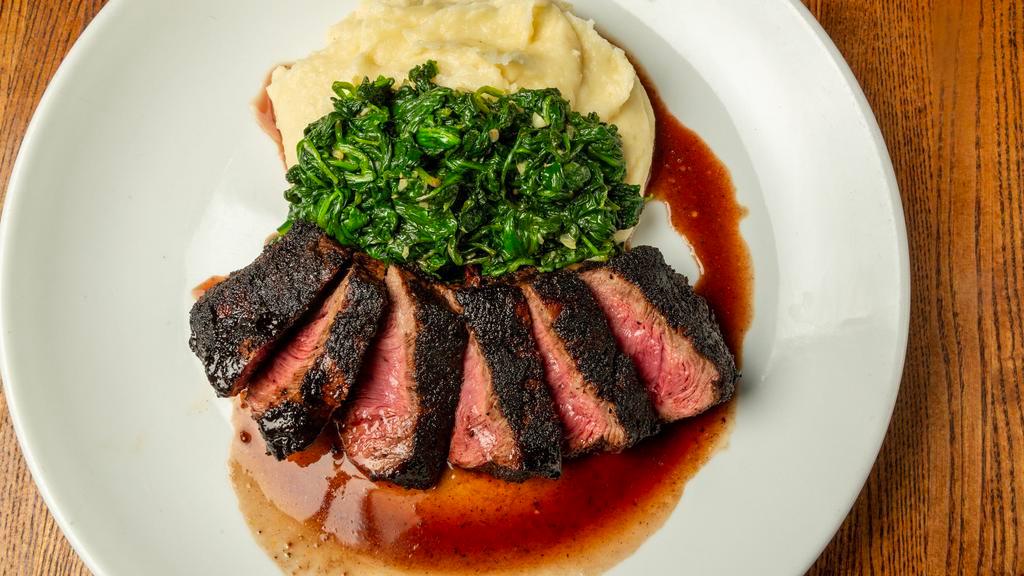 Sliced Steak · With sauteed spinach and mashed potato, port wine sauce.
