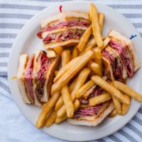 Corned Beef, Pastrami, Swiss · With Russian dressing.