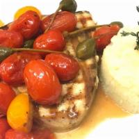 Tonno, Pachini, Olives And Capers · Grilled tuna steak with cherry tomato, black olives, capers
served with garlic mashed potato...