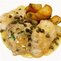 Chicken Piccata · Chicken breast cutlet with capers in a lemon and butter sauce, served with roasted potato.