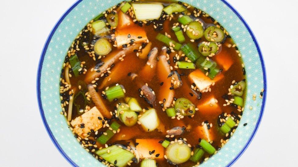 Miso Soup · Miso paste, tofu, scallions, and buckwheat noodles.