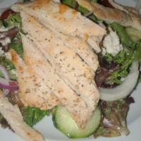 Tossed Salad With Grilled Chicken · Lettuce tomato onion cucumbers and olives with grilled chicken.