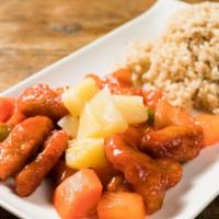 Sweet & Sour Chicken 午餐甜酸鸡 · Battered soy protein, bell peppers, broccoli, cauliflower, pineapple, carrots, and onions in...