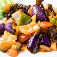 Eggplant With Garlic Sauce 午餐鱼香茄子 · Eggplant, bell peppers, tomatoes, celery, bok choy and wood ear mushrooms with garlic sauce....