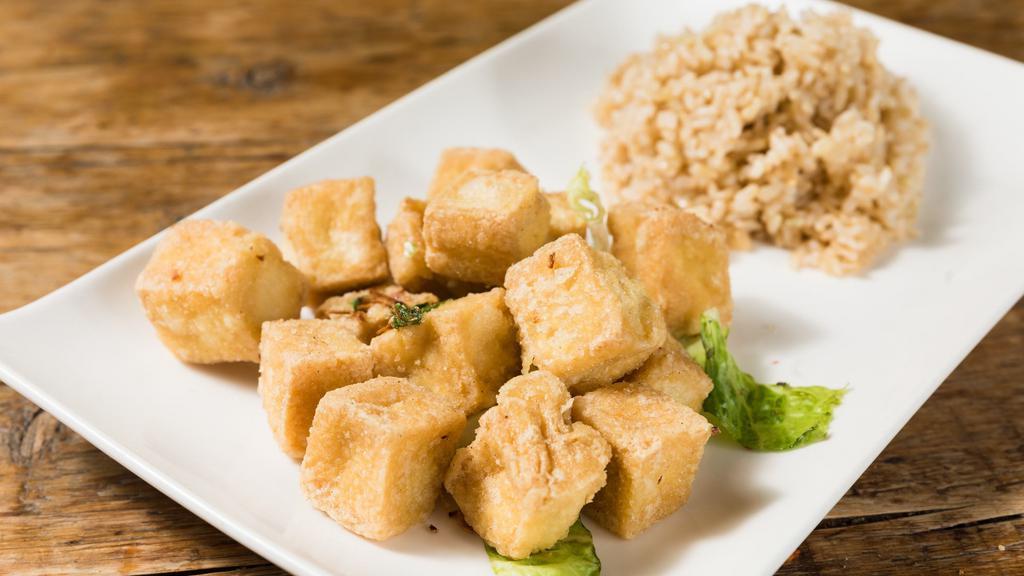 Salt & Pepper Tofu 午餐椒盐豆腐 · Battered fried tofu tossed with minced fresh peppers, seasoned with salt and pepper.