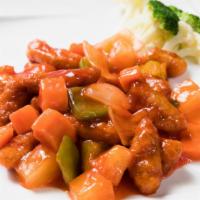 Sweet & Sour Chicken 甜酸鸡 · Battered soy protein, bell peppers, broccoli, cauliflower, pineapple, carrots, and onions in...