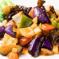 Eggplant With Garlic Sauce 鱼香茄子 · Eggplant, bell peppers, tomatoes, celery, bok choy and wood ears with garlic sauce (Spicy)