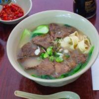 Beef Noodle Soup · Hand-pulled noodles, knife peeled noodles, rice noodles, potato glass noodle.