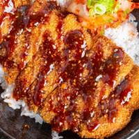 Tonkatsu Don · Crispy breaded pork on white rice with housemade worcestershire and scallions.