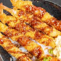 Ebi Fry Don · Crispy breaded shrimp on rice with scallions.