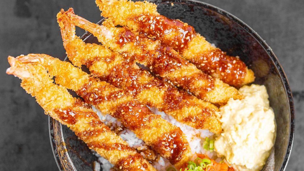Ebi Fry Don · Crispy breaded shrimp on rice with scallions.