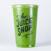 Feelgood Smoothie · Kale, parsley, spinach, peach, pineapple, and orange juice.