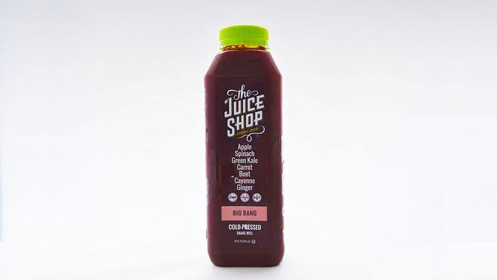Big Bang  · 16 oz. with kale, spinach, parsley, romaine, celery, cucumber, apple, lemon, carrot, beet, cayenne, and ginger.