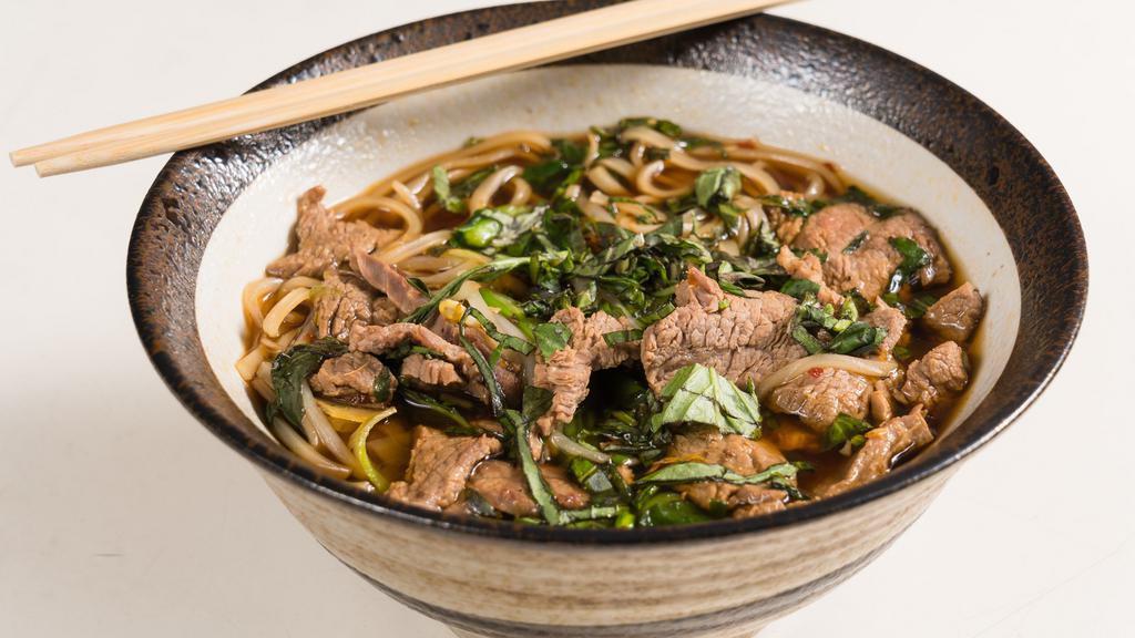 Boat Noodle · Spicy. Thailand's most beloved noodle soup, with dark and flavorful beef broth, sliced beef, rice noodles, Chinese broccoli, bean sprouts, and basil. Originally cooked and served in small boats along Bangkok's canals.