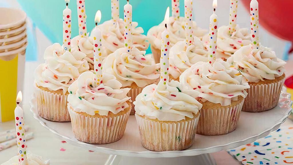 Birthday Cake Cupcake · Vanilla cupcake topped with a traditional vanilla buttercream frosting, and rainbow sprinkles.