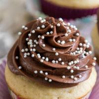 Vanilla & Chocolate Frosting Cupcake · Vanilla cupcake with a chocolate butter cream cheese frosting, topped with French chocolate ...
