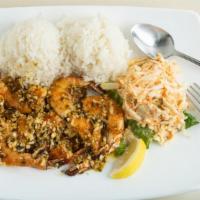 Garlic Shrimp · Large shrimp sautéed in a garlic butter sauce seasoned with lemon and Hawaiian salt