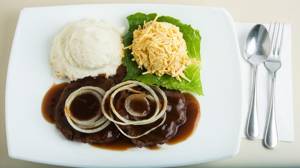 Hamburger Steak · Grilled hamburger steak smothered with sweet onions and Johnny’s brown gravy.