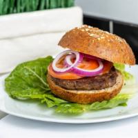 Bison Burger · Grilled bison burger, romaine, tomato and red onion. Served on a multi grain bun.