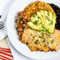 Fiesta Bowl · Grilled chicken, black beans, avocado and pico de gallo over brown rice.