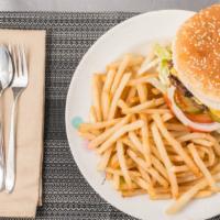 Cheeseburger · Served with cheese, lettuce, tomato, onion, mayonnaise, and ketchup.