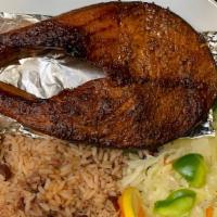  14 Oz Salmon Steak Dinner · Served with your choice of the following: Rice and Peas and steamed vegetables
