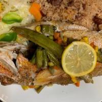 5 Lb  Escovitch  Red Snapper Dinner · Served with Rice and Peas And Steamed Vegetables