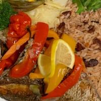 Escovitch Porgy  2 Lb · Served with Rice and Peas And Steamed Vegetables