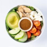 Chicken Salad · Grilled Chicken, feta, arugula, tomatoes, cucumber, avocado, balsamic reduction, and balsami...