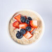 Hot Oatmeal · Organic oats, soymilk, honey, blueberry, and strawberry.
