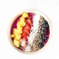 Pitaya (Dragonfruit) Bowl · Pitaya, banana, pineapple, red apple topped with banana, blueberry, chia seed, coconut flake...