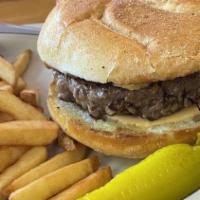 Black And Blue Burger (8 Oz) · Black angus beef topped with melted blue cheese, grilled onions, buffalo sauce, chipotle may...