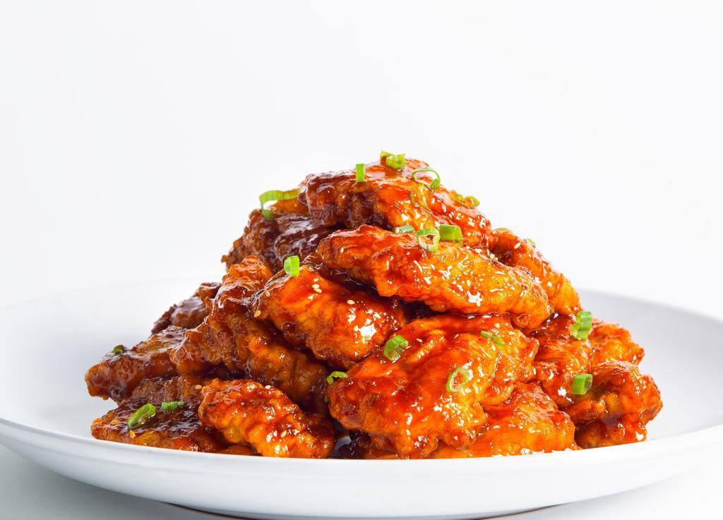 Spicy Galbi Boneless
 · Sweet and savory, yet a deliciously spicy sauced off the grill flavor. Mixed with green onions and garnished with sesame seeds.