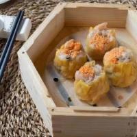 Shrimp & Pork Shumai (4) (Siu Mai) 蟹籽鲜虾烧卖 · 4 pieces of steamed shumai (Siu Mai), inside is pork/shrimp/black mushroom.