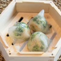 Scallop & Shrimp W. Pea Sprout Dumpling (3) 带子鲜虾豆苗饺 · 3 pieces.  dumpling wrapped with shrimp, chopped scallop and pea sprout