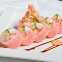 Pink Lady Roll · Shrimp tempura, kani, cream cheese with avocado. Cucumber special sauce wrapped in pink soy ...