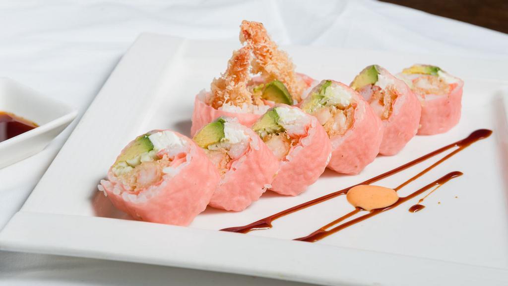 Pink Lady Roll · Shrimp tempura, kani, cream cheese with avocado. Cucumber special sauce wrapped in pink soy paper.