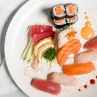 Sushi And Sashimi Combo · Eight pieces sashimi, five pieces sushi and California roll.
