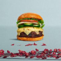Justice Jalapeno Vegan Burger  · Seasoned vegan burger patty topped with melted vegan cheese, jalapenos, lettuce, tomato, oni...