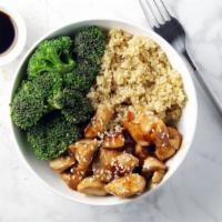 Teriyaki Quinoa Bowl · Seasoned quinoa with your choice of protein, kale, green peas, carrots, and broccoli dressed...