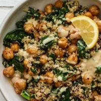 Tahini Quinoa Bowl · Seasoned quinoa with your choice of protein, mixed greens, carrots, chickpeas, tahini dresse...
