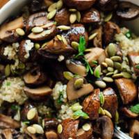 Mushroom Quinoa Bowl · Seasoned quinoa with your choice of protein, spinach, mushrooms, onions, bell peppers, green...