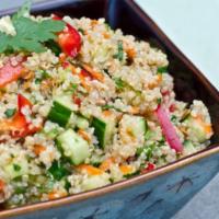 Thai Quinoa Bowl · Seasoned quinoa with your choice of protein, kale, bell peppers, carrots, cucumber, peanuts ...