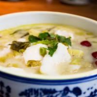 Famous Chengdu Fish Soup · Spicy. Flounder filet with Chinese mustard cabbage. Mild.