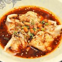 7 Piece Sichuan Wonton · Spicy. Pork and shrimp wonton, Sichuan chili broth. Mild.