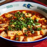 Mapo Tofu · Spicy. Soft tofu, spicy bean sauce, and Sichuan peppercorn.