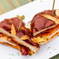 Spicy Chicken Sandwich · Pepperjack, bacon, crispy jalapenos, chipotle mayo on a pretzel bun